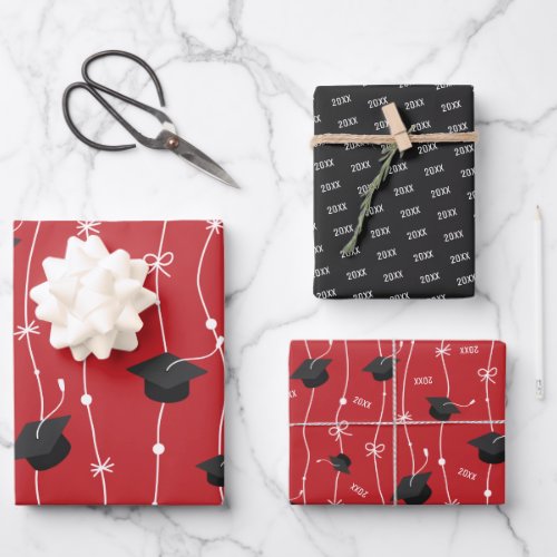 Red  Black Graduation Cap Toss Wrapping Paper Sheets