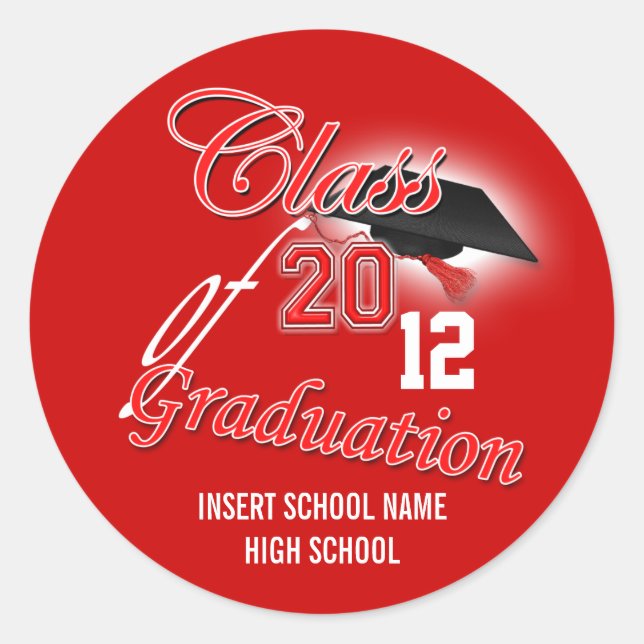 Red black graduation "class of" announcement classic round sticker (Front)