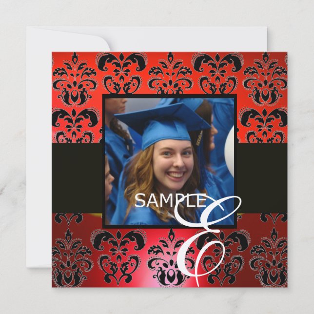 RED BLACK GRADUATION DAMASK  MONOGRAM champagne Invitation (Front)