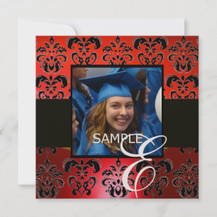RED BLACK GRADUATION DAMASK MONOGRAM champagne Invitation