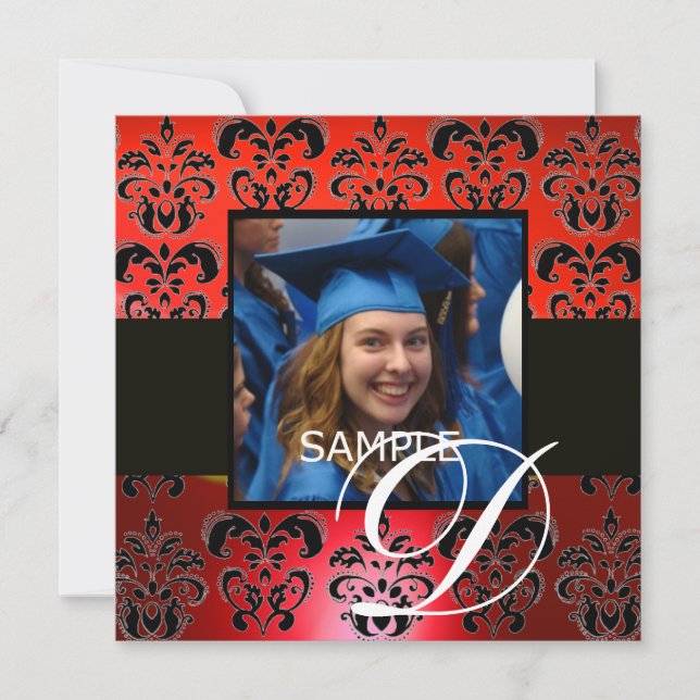 RED BLACK GRADUATION DAMASK  MONOGRAM white Invitation (Front)