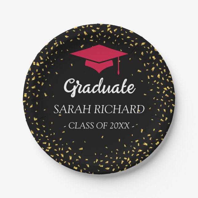 Red & Black Graduation Photo Class Of 2025 Paper Plates (Front)