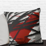 Red Black Gray Abstract Watercolor Throw Pillow<br><div class="desc">Modern throw pillow features a stylish artistic design in a red black and grey color palette. This artistic composition is constructed from an artistic woodblock design, layered over Memphis style design elements; layered design elements create highlights and shadows. The shades of grey with black accents complement the red background. A...</div>