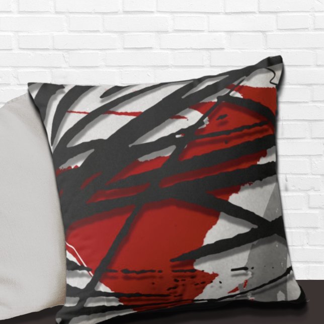Red Black Gray Abstract Watercolor Throw Pillow (Creator Uploaded)