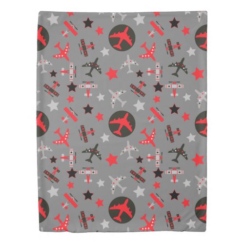 Red Black Gray Airplanes Pattern Duvet Cover