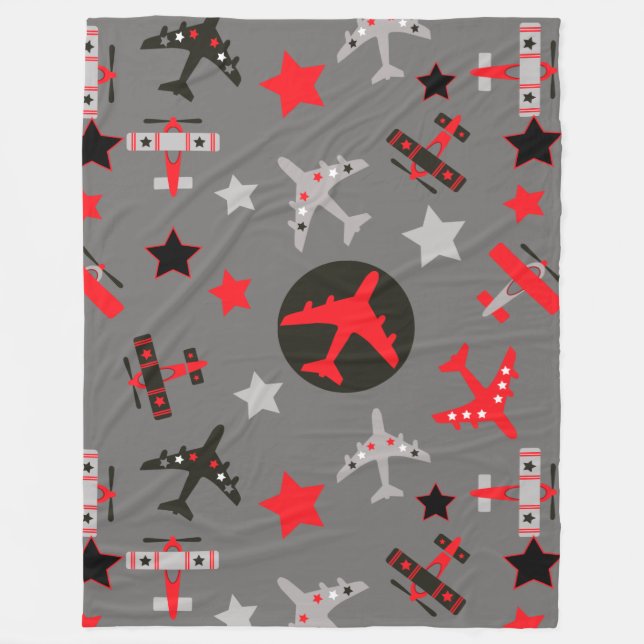Red Black Gray Airplanes Pattern Fleece Blanket (Front)