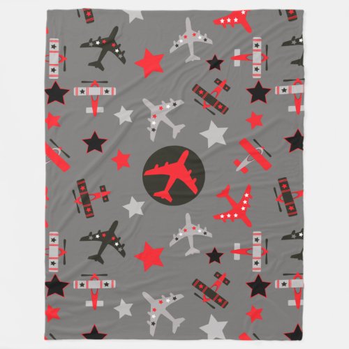 Red Black Gray Airplanes Pattern Large Fleece Blanket