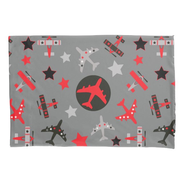 Red Black Gray Airplanes Pattern Pillow Case (Front)