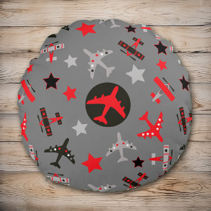 Red Black Gray Airplanes Pattern Round Pillow