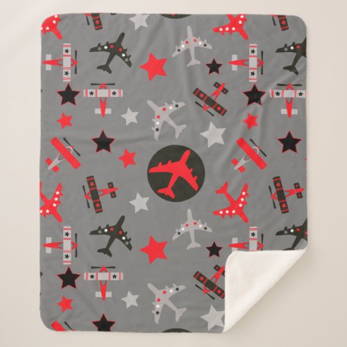 Red Black Gray AIrplanes Pattern Sherpa Blanket