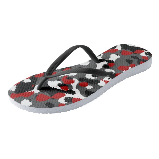 Red, Black, Gray and white Camo Abstract Flip Flops (Angled)
