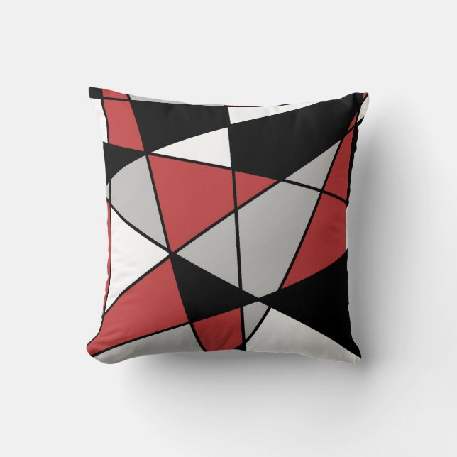 Red Black Gray and White Modern Geometric Pattern Throw Pillow (Front)