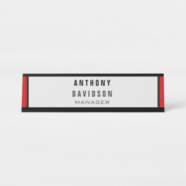Red Black Gray Border Pattern Business Card Desk Name Plate (Front)