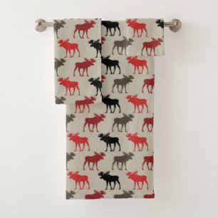 Red Black Gray Moose Pattern Bath Towel Set