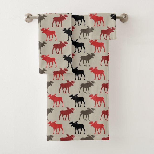 Red Black Gray Moose Pattern Bath Towel Set (Insitu)