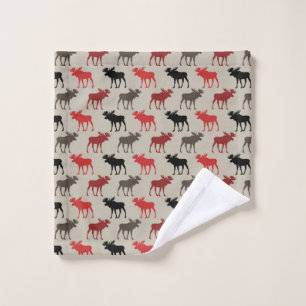 Red Black Gray Moose Silhouette Antler Lumberjack Wash Cloth