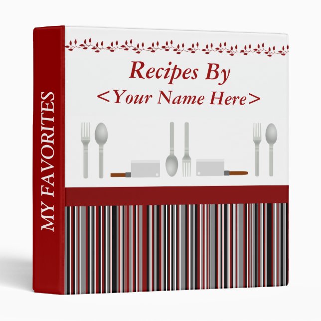 Red Black & Gray Striped Personalized Recipe Binder (Front/Spine)