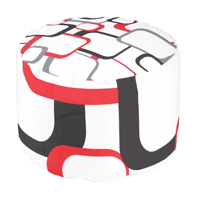 Red Black Gray White Retro Square Pattern Pouf (Angled Front)
