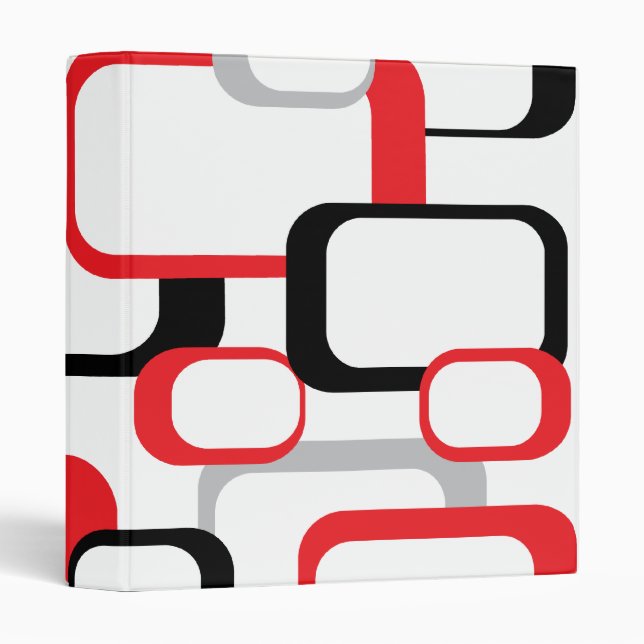 Red Black Gray White Retro Squares Pattern 3 Ring Binder (Front/Spine)