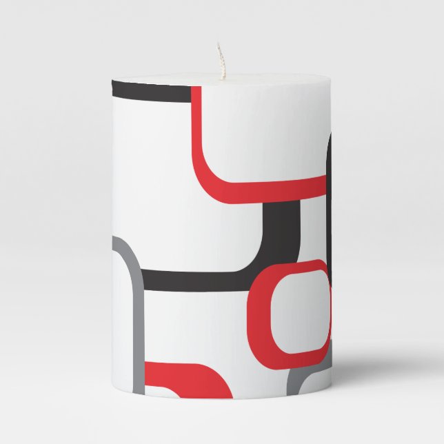 Red Black Gray White Retro Squares Pattern Pillar Candle (Front)