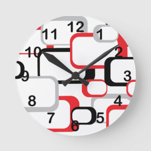 Red Black Gray White Retro Squares Pattern Round Clock