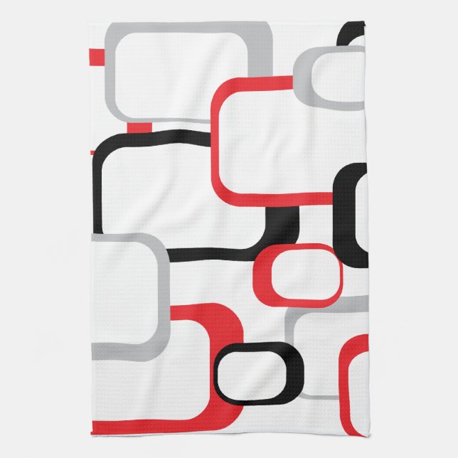 Red Black Gray White Squares Pattern Retro Kitchen Towel (Vertical)