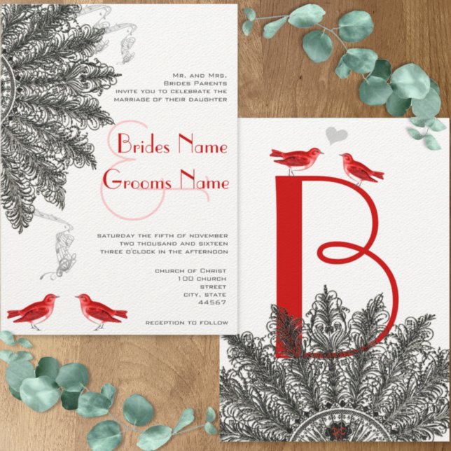 Red Black Great Gatsby Feather Fan Wedding Invitation (Creator Uploaded)