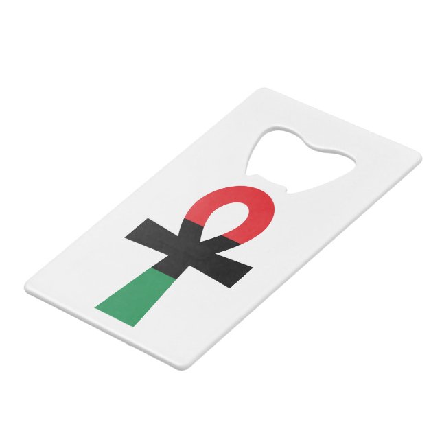 Red, Black & Green Ankh Credit Card Bottle Opener (Front Angled)