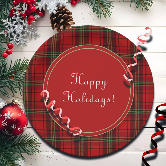 Red Black Green Cozy Plaids Happy Holidays Paper Plates (Creator Uploaded)