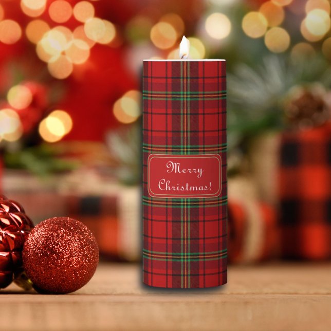 Red Black Green Cozy Plaids Merry Christmas Pillar Candle (Creator Uploaded)