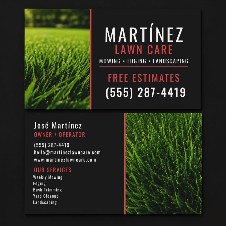 Red Black Green Grass Lawn Service Landscaping Business Card