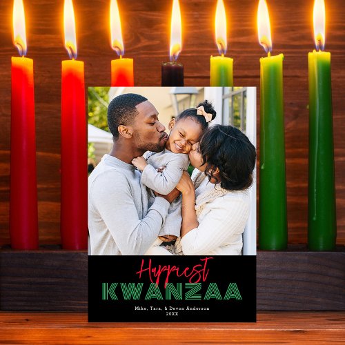 Red Black Green Happiest Kwanzaa Stripe Photo Holiday Card