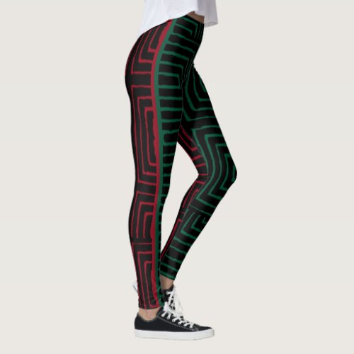 Red Black Green Maze African Mud Cloth Leggings