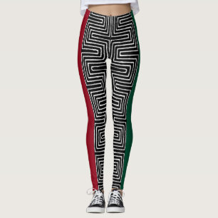 Red Black Green Maze African Mud Cloth Leggings