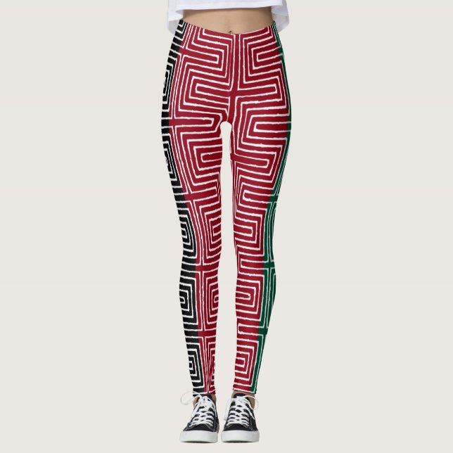 Red Black Green Maze African Mud Cloth Leggings (Front)