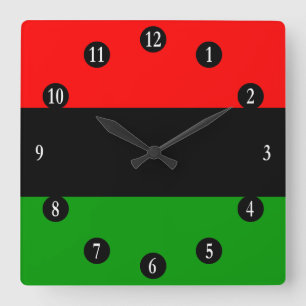 Red, Black, Green Pan African Flag, White Numbers Square Wall Clock