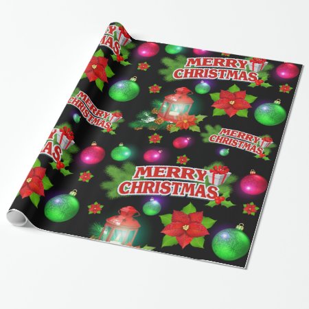 Red Black Green Santa Poinsettia Wrapping Paper