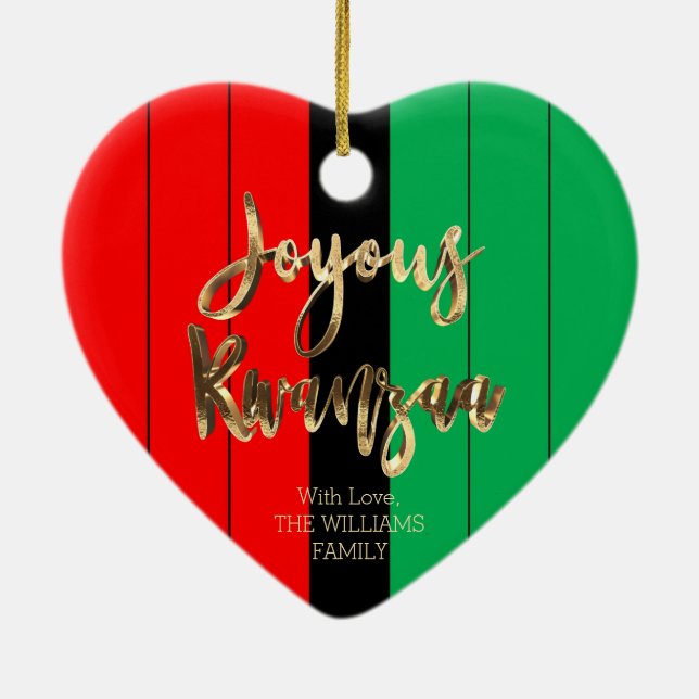 Red Black Green Striped Pattern Joyous Kwanzaa Ceramic Ornament (Back)