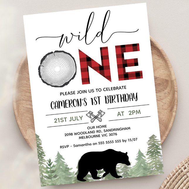 Red Black Green Wild One Lumberjack 1st Birthday Invitation (Wild One Lumberjack 1st Birthday Invitation For Baby Boy, Lumberjack First Birthday party Invite, )
