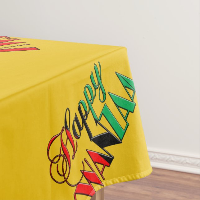 Red Black Green Yellow Typography Happy Kwanzaa Tablecloth (In Situ)