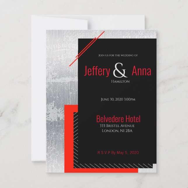 Red, black, grey, and white pinstripe invitation (Front)