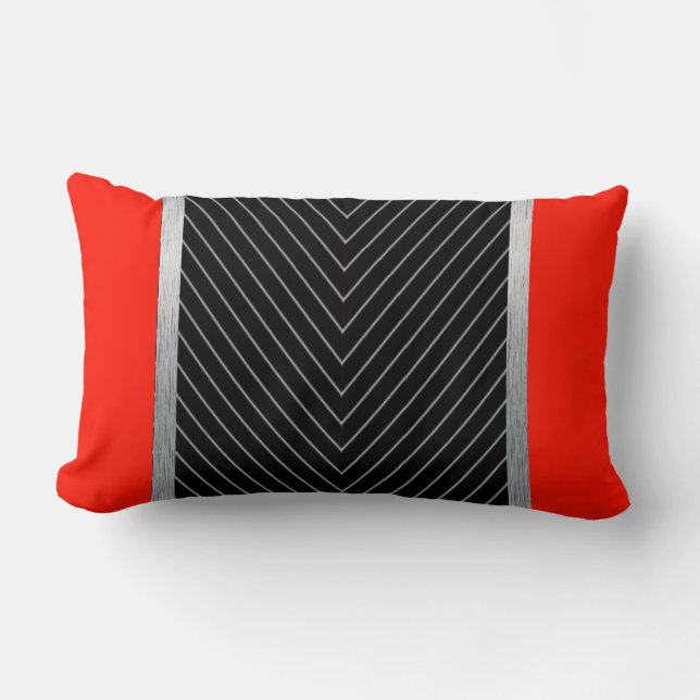 Red, black, grey and white pinstripe lumbar pillow (Front)