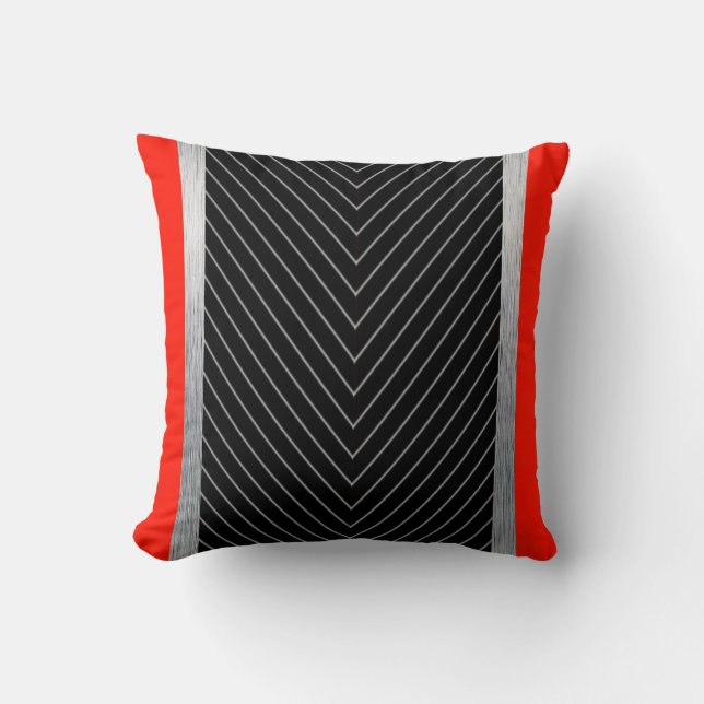 Red, black, grey and white pinstripe throw pillow (Front)