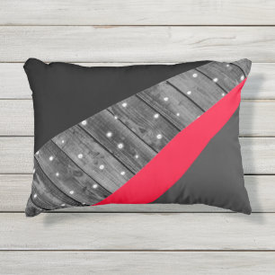 Red Black Grey and Wood Planks Outdoor Pillow
