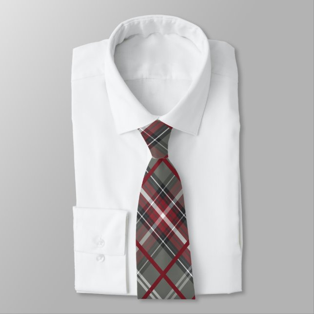 Red Black Grey Plaid Striped Diagonal Pattern Neck Tie (Tied)