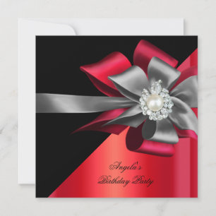 Red Black Grey Silver Bow Pearl Birthday Party 2 Invitation