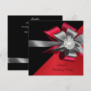 Red Black Grey Silver Bow Pearl Birthday Party Invitation