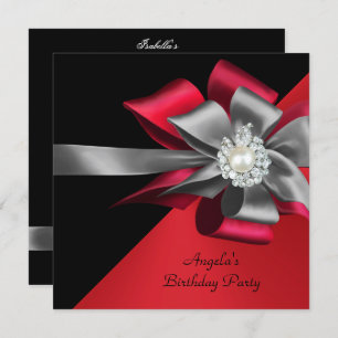 Red Black Grey Silver Bow Pearl Birthday Party Invitation