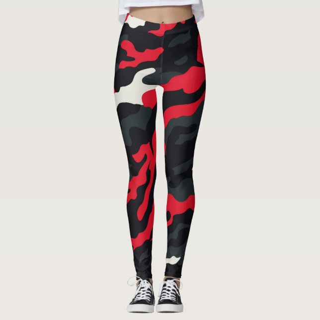 Red Black Grey White Camouflage Camo Pattern Leggings (Front)