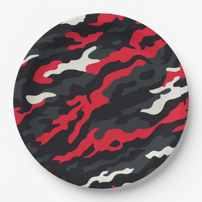 Red Black Grey White Camouflage Camo Pattern Paper Plates (Front)
